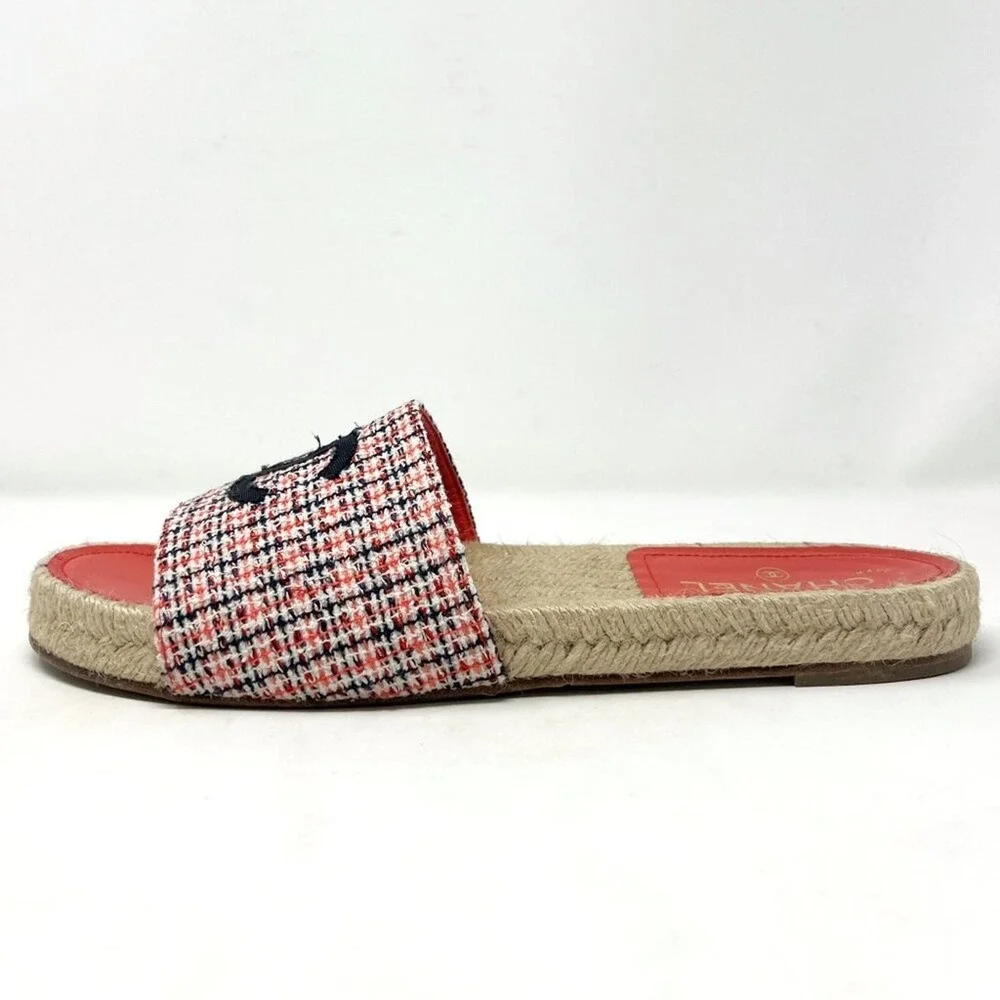 Chanel Tweed Espadrille Slide Sandals Red Black CC Logo Women Size‎ 40